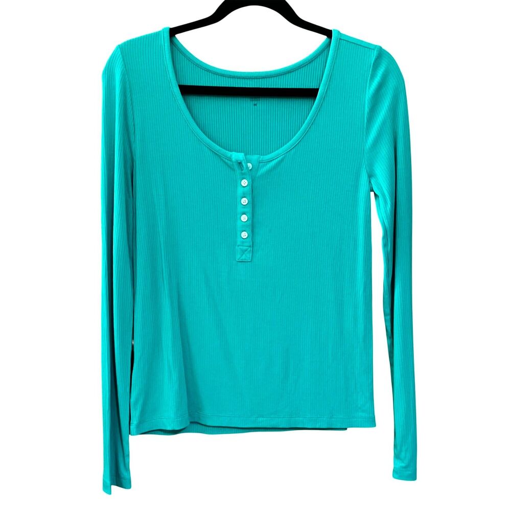 Loft ribbed long sleeve scoop neck henley top